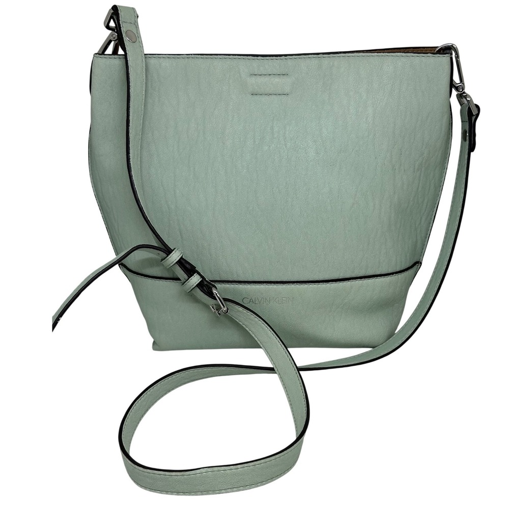 Calvin Klein Crossbody Bag Purse Mint Green Faux Leather Pebbled Pouch Set Women